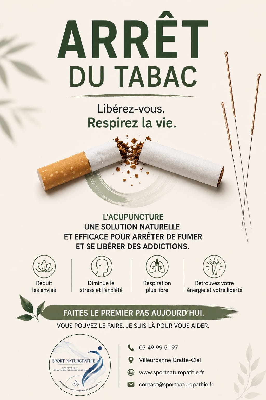 Affiche : arrêt du tabac par acupuncture – libérez-vous, respirez la vie